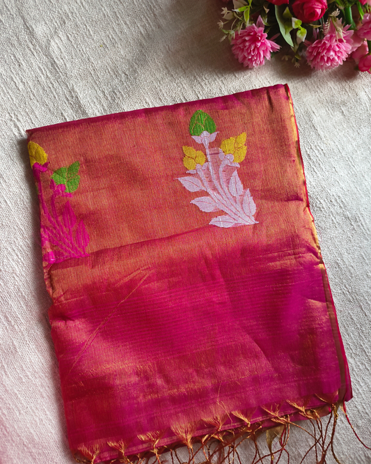 Handloom Tissue Linen with Jamdhani Weaving Buttas - Rani Pink