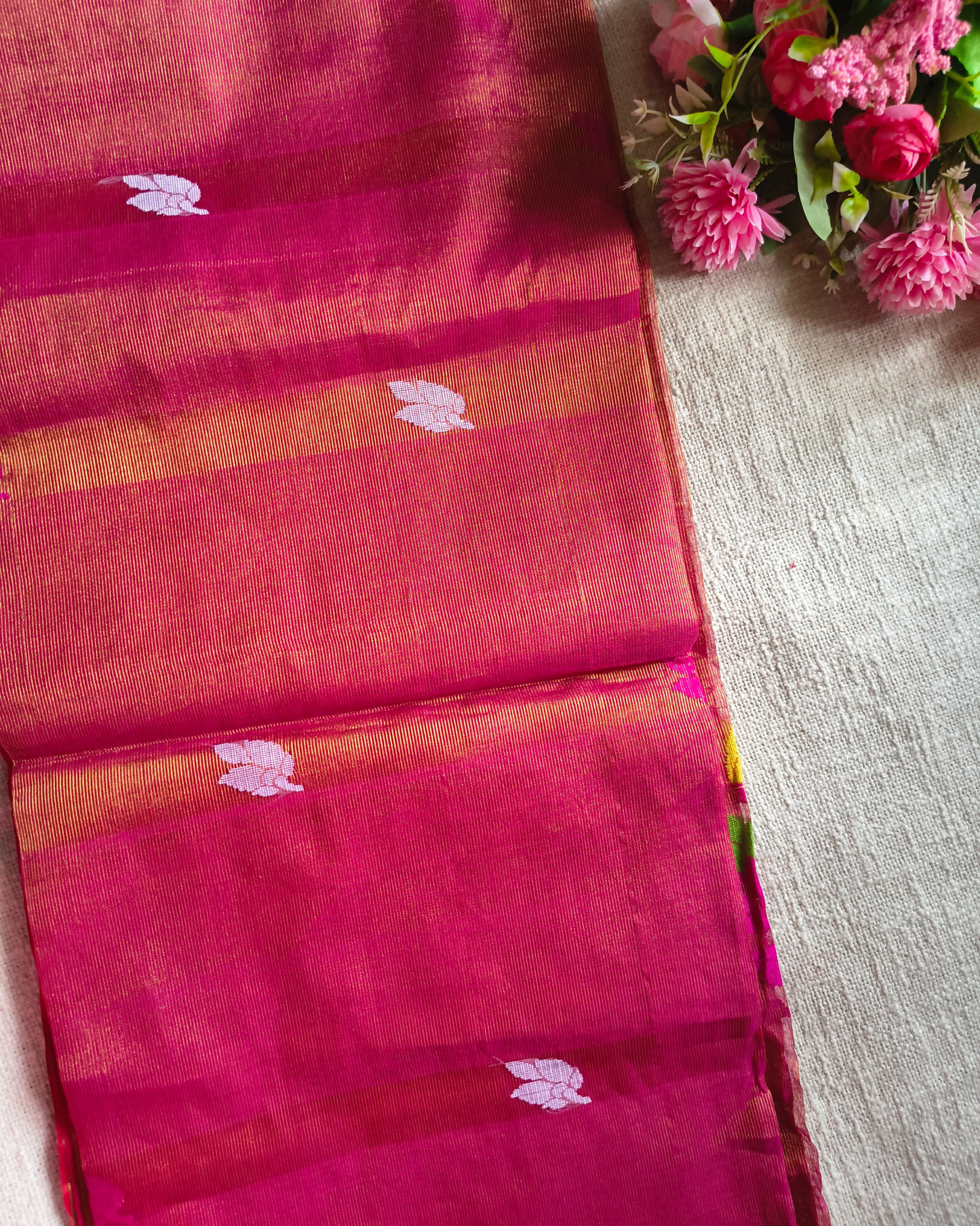 Handloom Tissue Linen with Jamdhani Weaving Buttas - Rani Pink