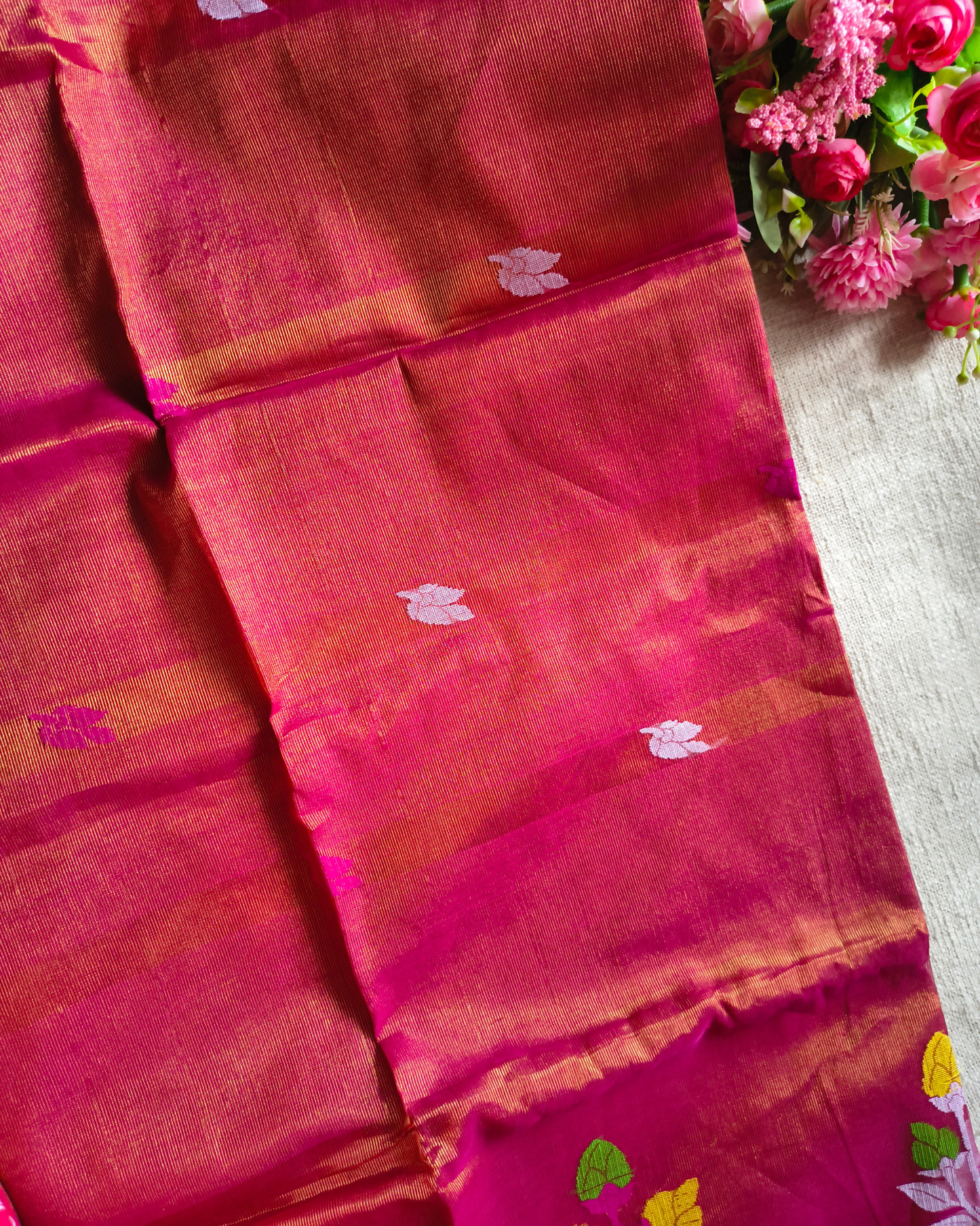 Handloom Tissue Linen with Jamdhani Weaving Buttas - Rani Pink