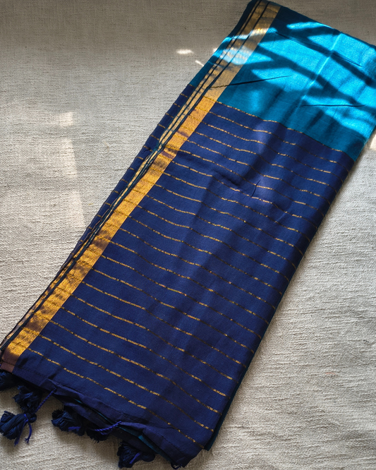 Mul Cotton Handloom Saree with Zari border, Contrast Pallu with zari woven stripes - Blue MammaHug
