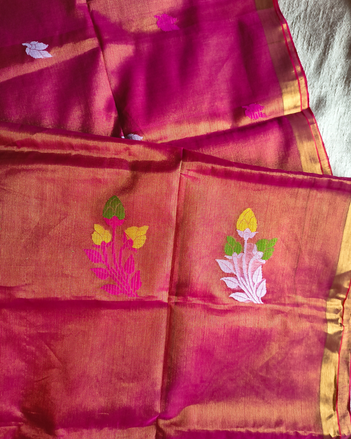Handloom Tissue Linen with Jamdhani Weaving Buttas - Rani Pink