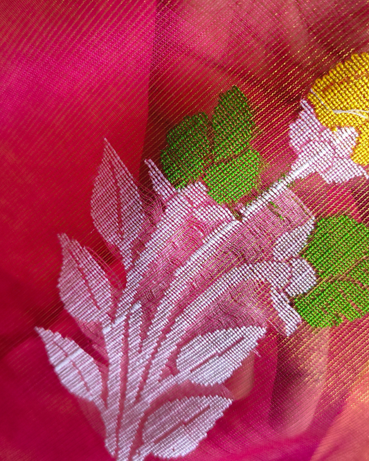 Handloom Tissue Linen with Jamdhani Weaving Buttas - Rani Pink