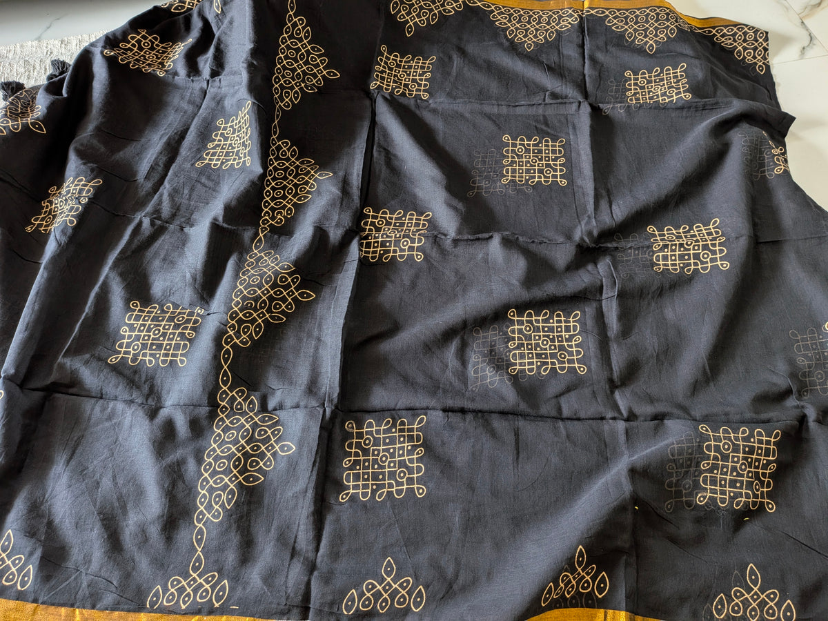 Traditional Kolam print on Mul cotton with tassels - Black MammaHug