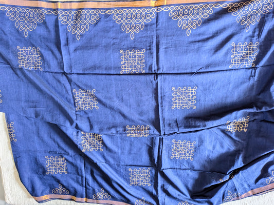 Traditional Kolam print on Mul cotton with tassels - Navy Blue MammaHug