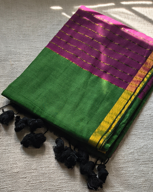 Mul Cotton Handloom Saree with Zari border, Contrast Pallu with zari woven stripes - Green MammaHug