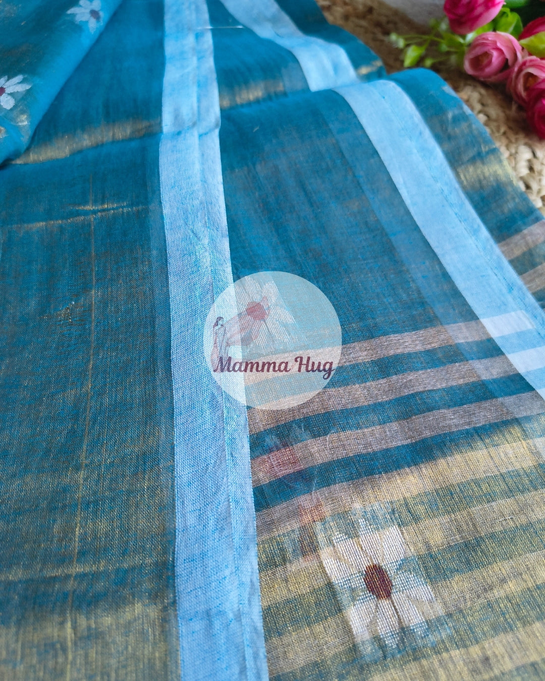 Handloom Cotton Tissue Saree with Machine Embroidery Design - Sea Blue