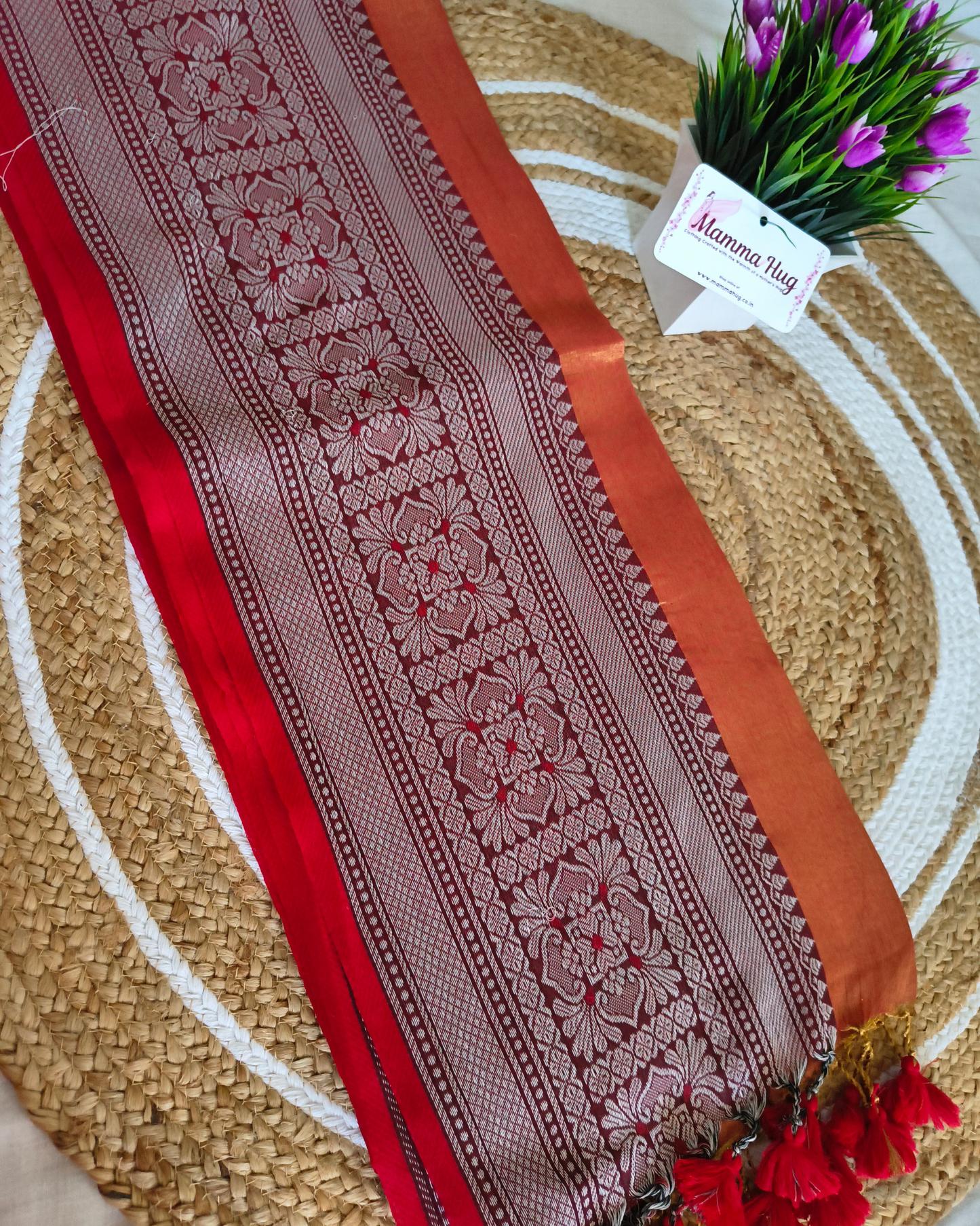 Khadi Tissue Handloom Saree with Thread Woven Border - Orange with Red