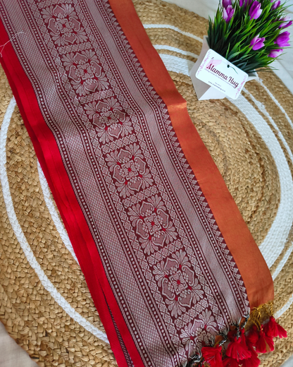 Khadi Tissue Handloom Saree with Thread Woven Border - Orange with Red