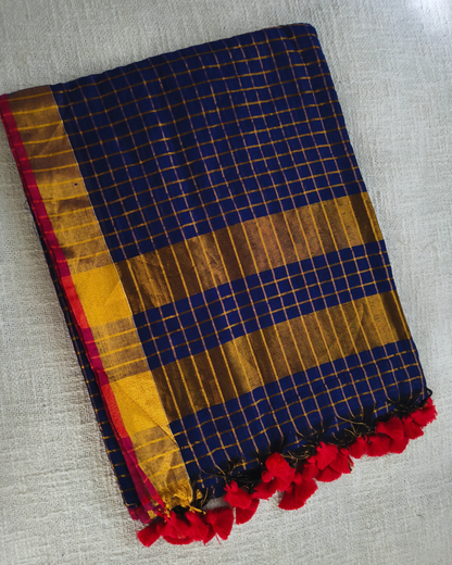 Mul Cotton Zari Checks Handloom Saree with contrast border - Navy Blue MammaHug