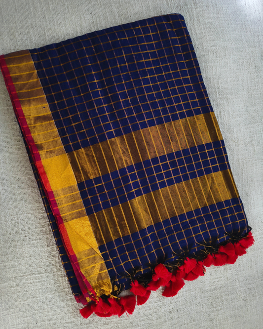 Mul Cottom Zari Checks Handloom Saree with contrast border - Navy Blue