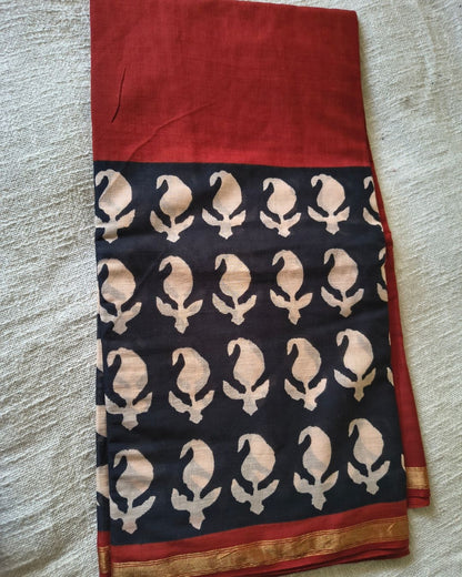 Ajrakh Block Print 120s Mul Cotton Saree - Red MammaHug