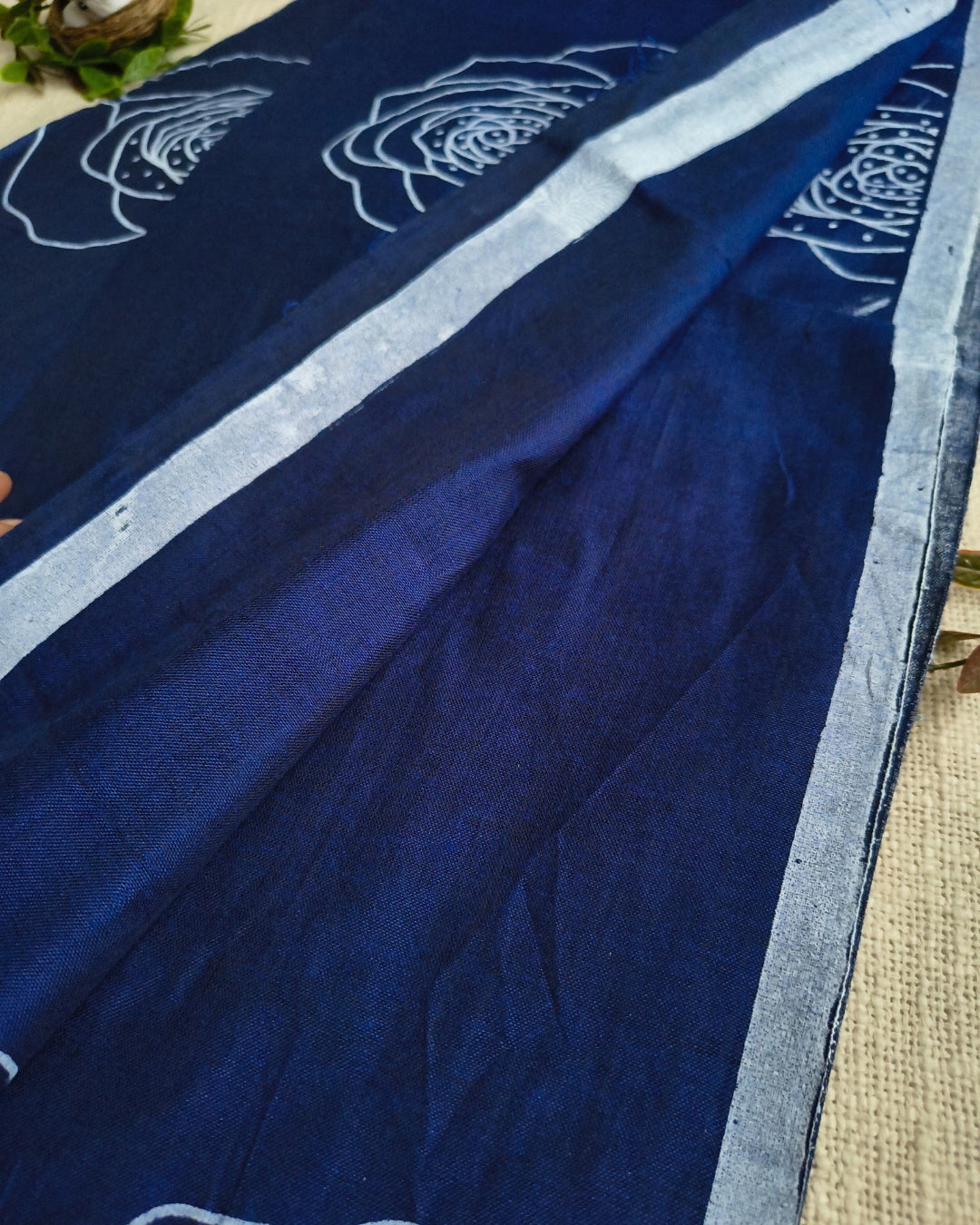Khadi Cotton Handloom Saree with Printed Floral Design - Navy Blue