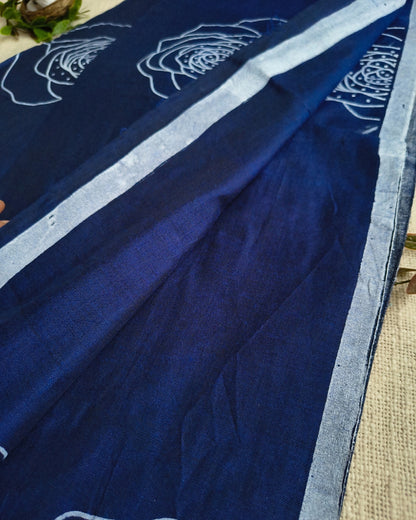 Khadi Cotton Handloom Saree with Printed Floral Design - Navy Blue