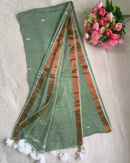 Pure Cottom Handloom Saree - Small Copper Border - Pastel Green