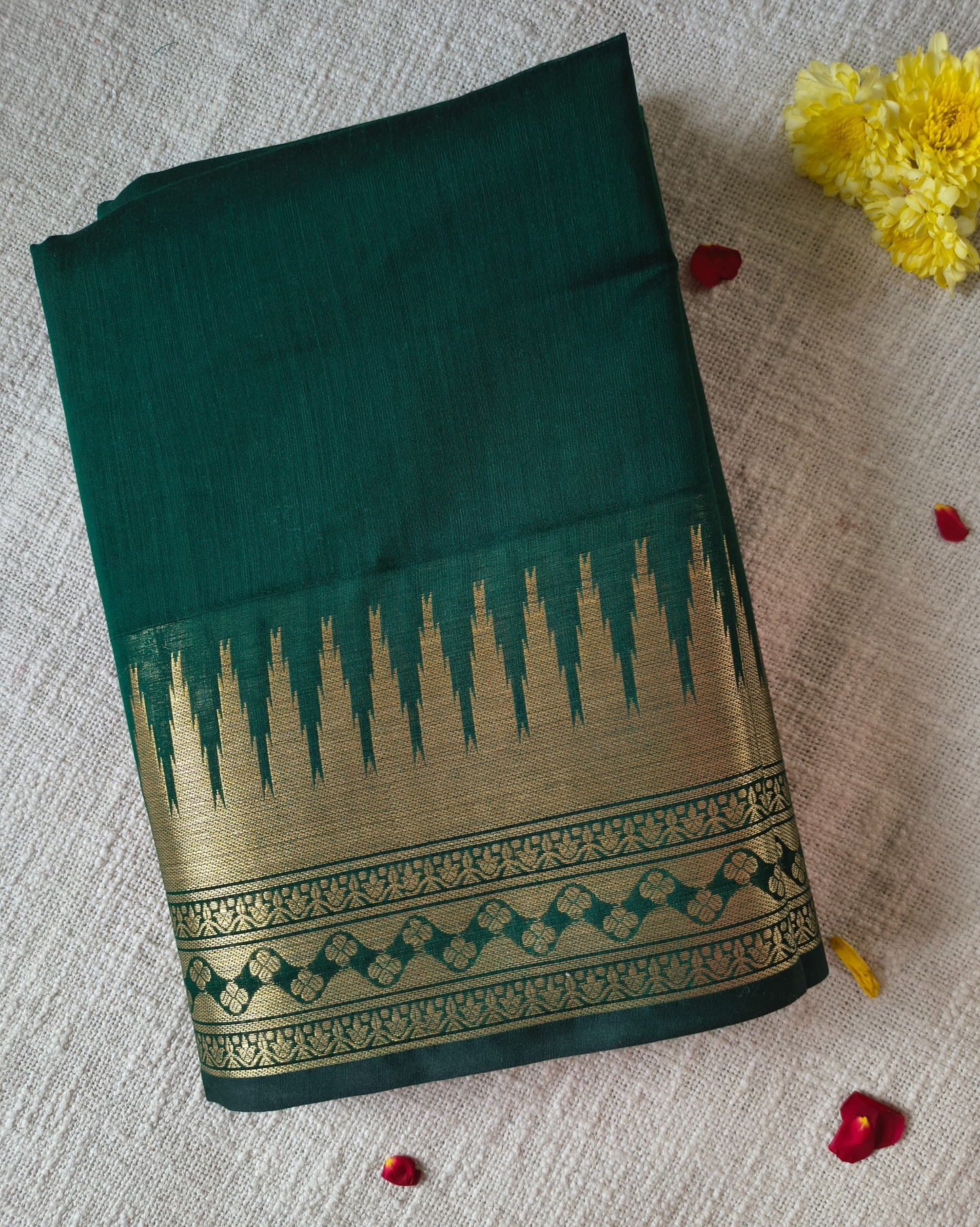 Maheshwari Silk Cotton Saree with Golden Temple Border – Bottle Green MammaHug
