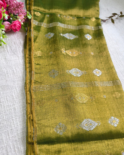 Soft Linen Tissue Saree with Golden Silver Zari weaving - Golden Olive