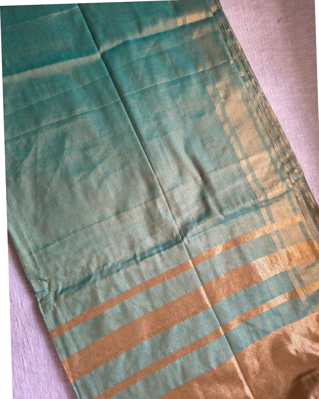 Soft Linen Tissue Saree Plain - Golden Aqua MammaHug