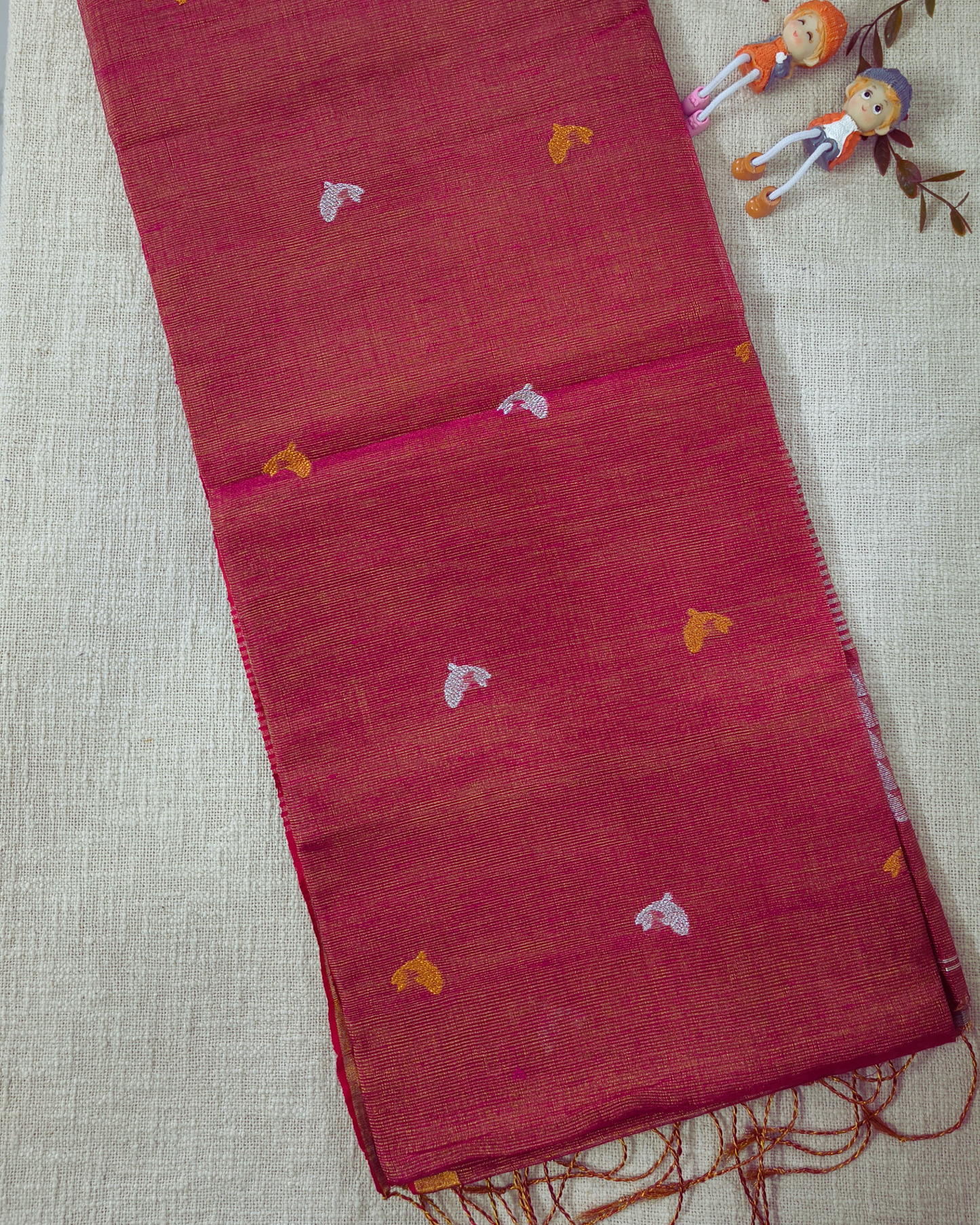 Handloom Tissue Linen with Jamdhani Weaving Buttas - Pink & Orange Dual Tone