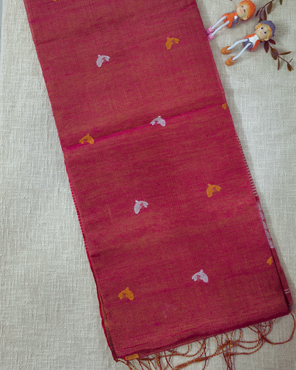 Handloom Tissue Linen with Jamdhani Weaving Buttas - Pink & Orange Dual Tone