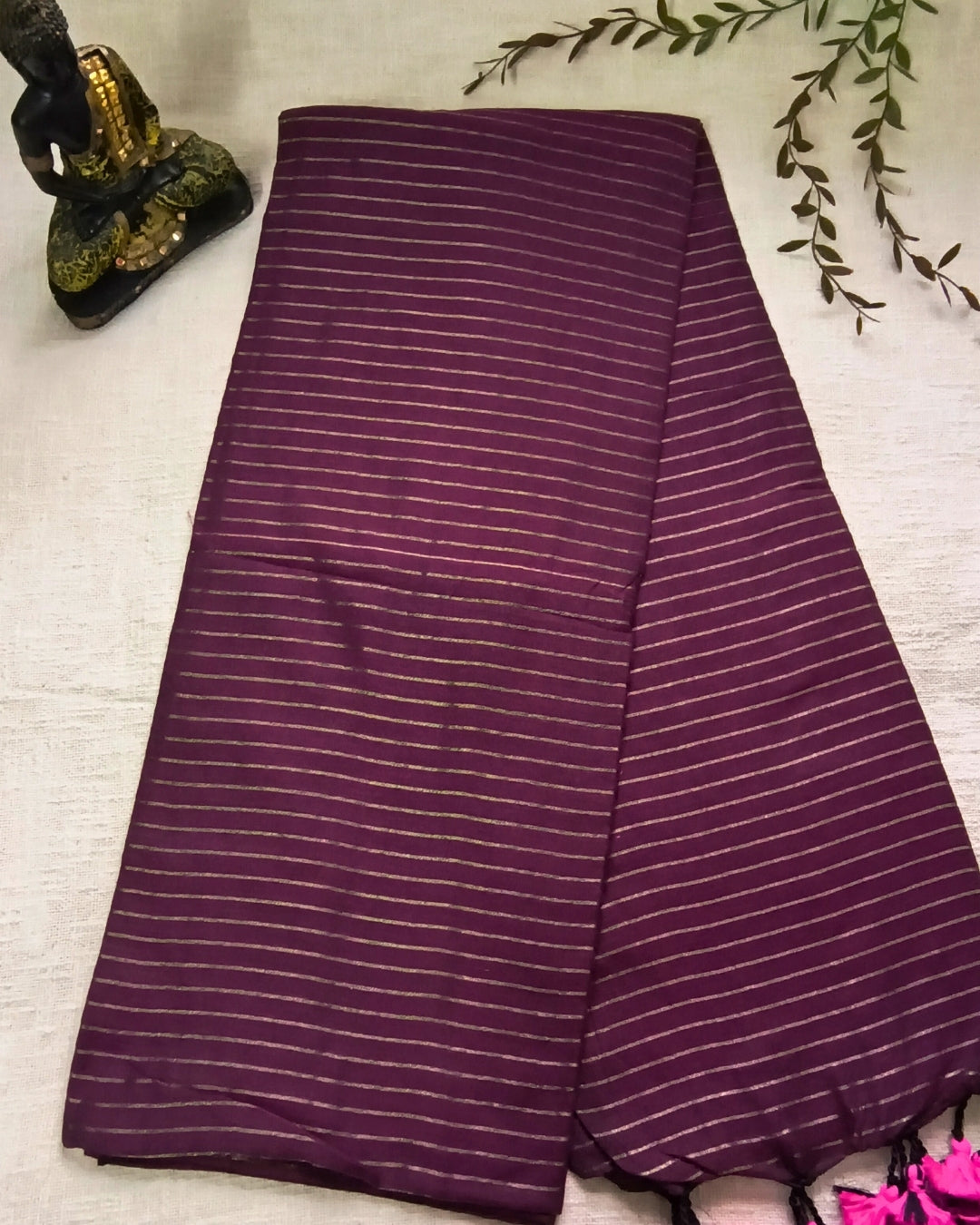 Khadi Cotton Handloom Saree with Zari Stripes - Dark Magenta