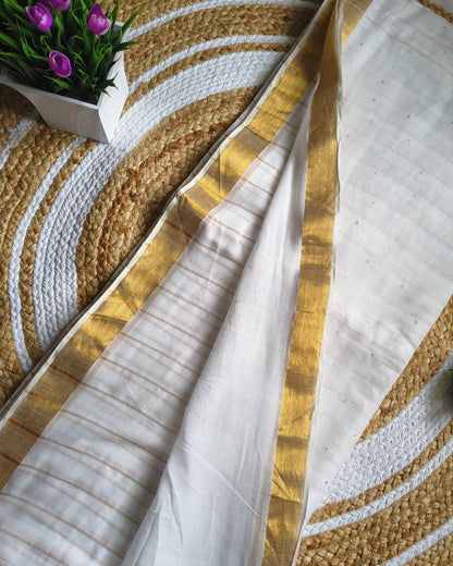 Handloom Mul Cotton Saree with Golden Stripes, Border and Sequence in Pallu - White