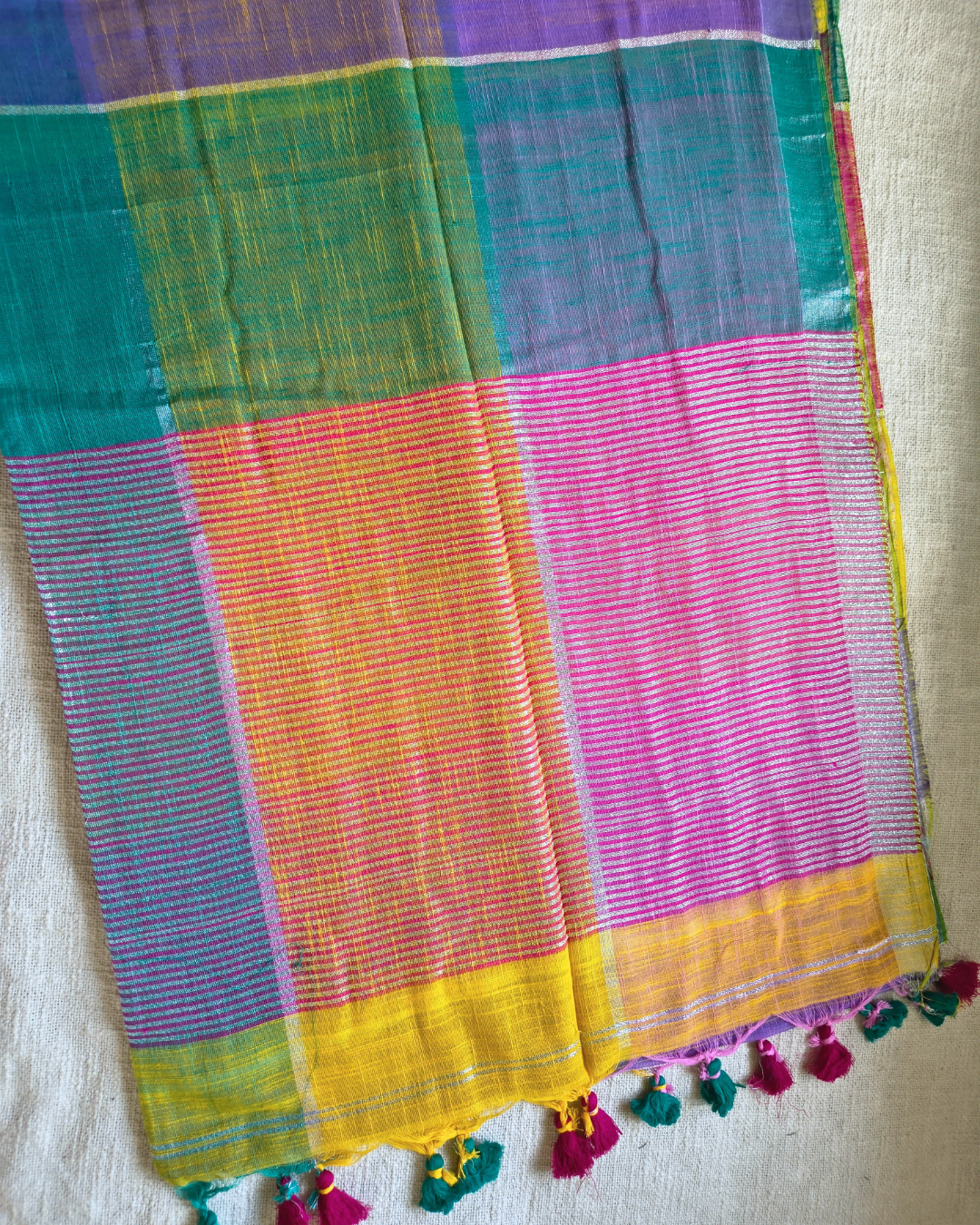 Pure Linen Cotton Handloom Saree Multicolor Checks - Green & Pink