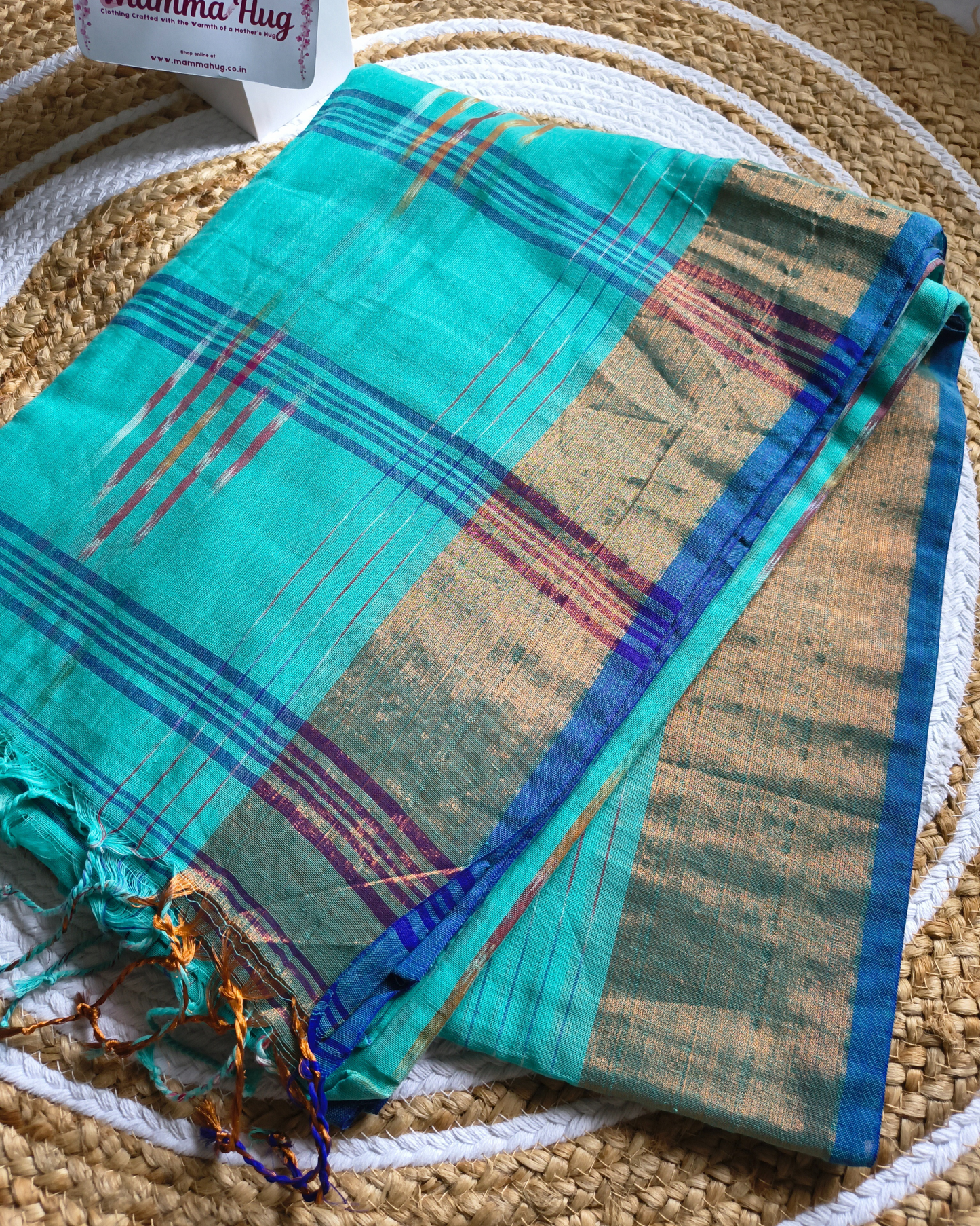 Pure Cotton Handloom Saree with Ikkat Design -Aqua Blue