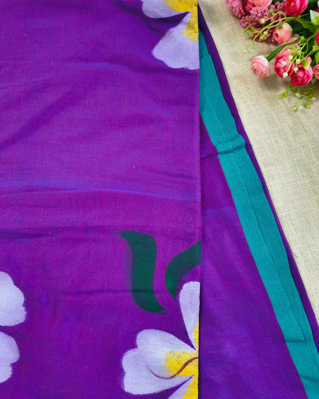 Soft Cotton Handloom Saree with Hand-Painted Floral Design - Dark Purple