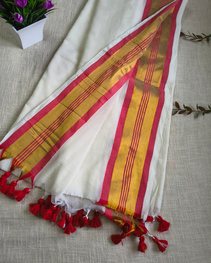 Onam Sarees - 120 tc Mul Cotton Handloom Saree - White & Red