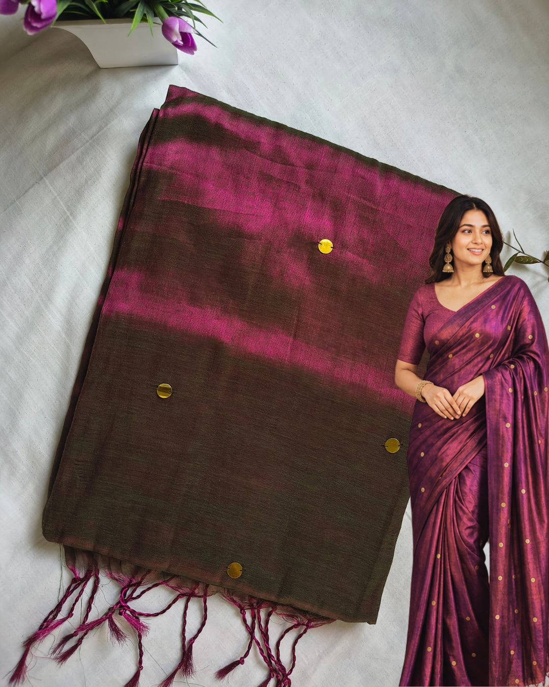 Pure Khadi Tissue Saree with Coin design - Magenta MammaHug