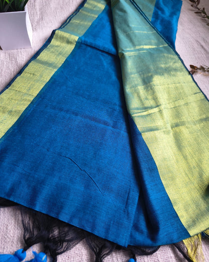 Pure Cottom Handloom Saree with Golden Border - Blue