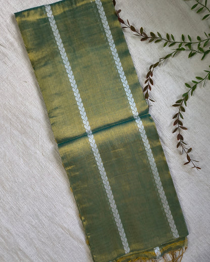 Soft Linen Tissue Saree with Golden Zari weaving - Antique Green