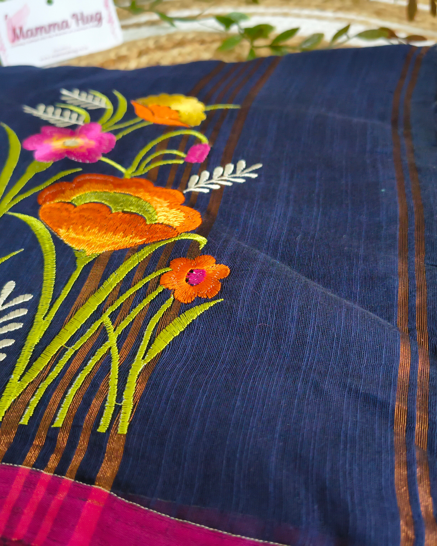 Floral Embroidery Handloom Saree - Slub Cotton (Navy Blue)