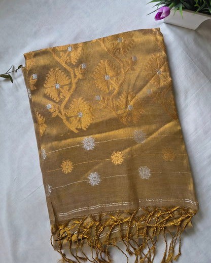 Soft Linen Tissue Saree with Hand Woven Buttas - Golden MammaHug