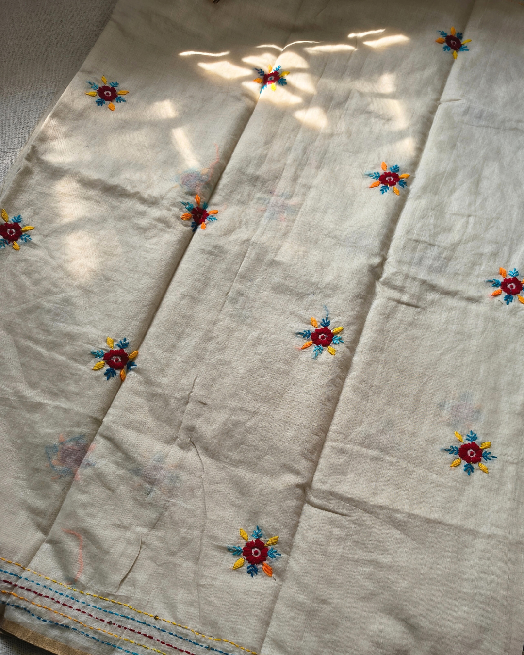 Chanderi silk cotton with kantha stitch floral design - Blue MammaHug