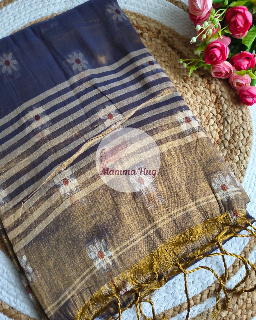 Handloom Cotton Tissue Saree with Machine Embroidery Design - Golden Blue