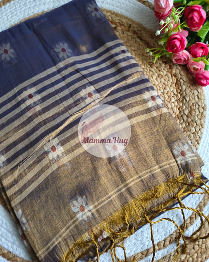 Handloom Cotton Tissue Saree with Machine Embroidery Design - Golden Blue