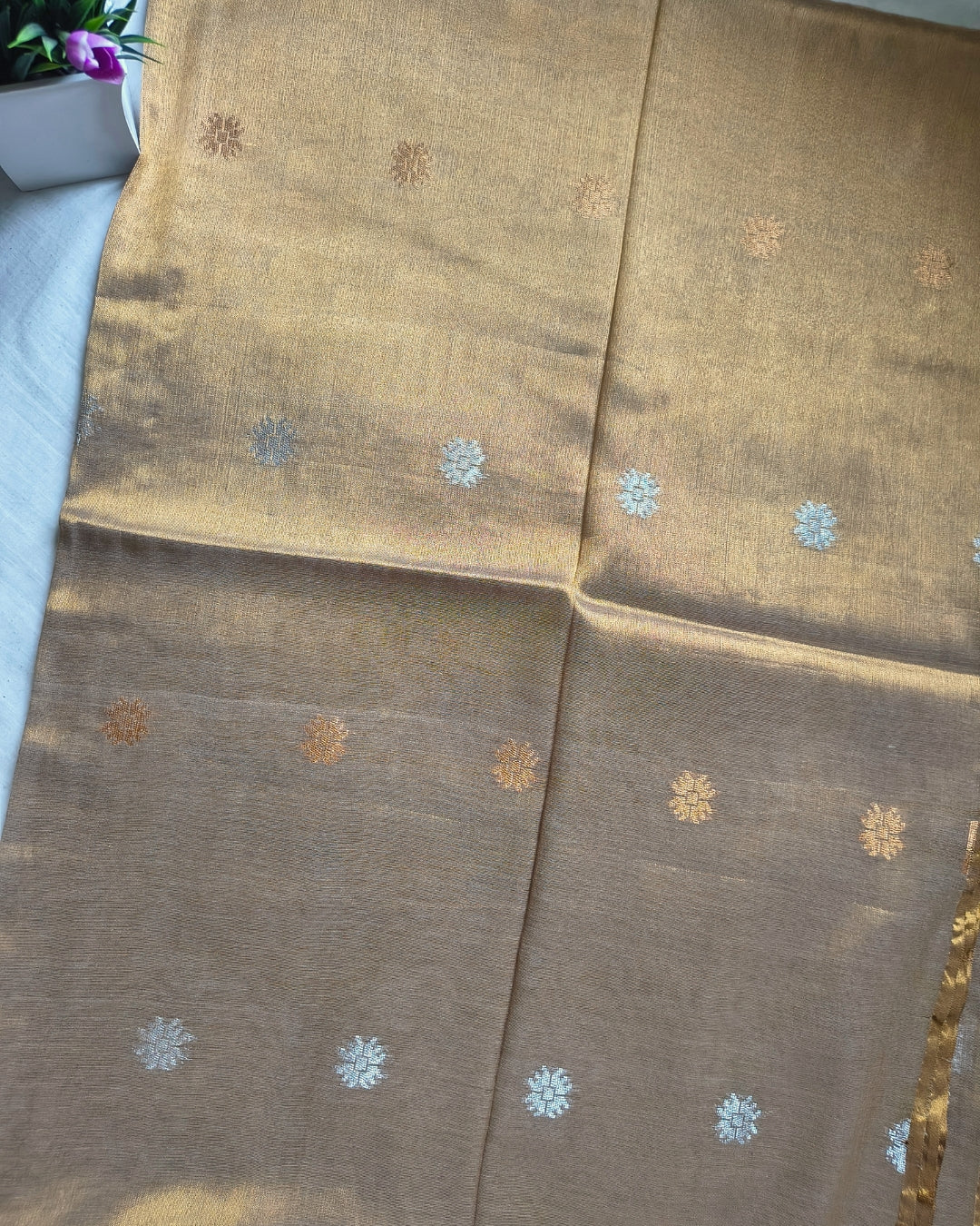 Soft Linen Tissue Saree with Hand Woven Buttas - Golden MammaHug