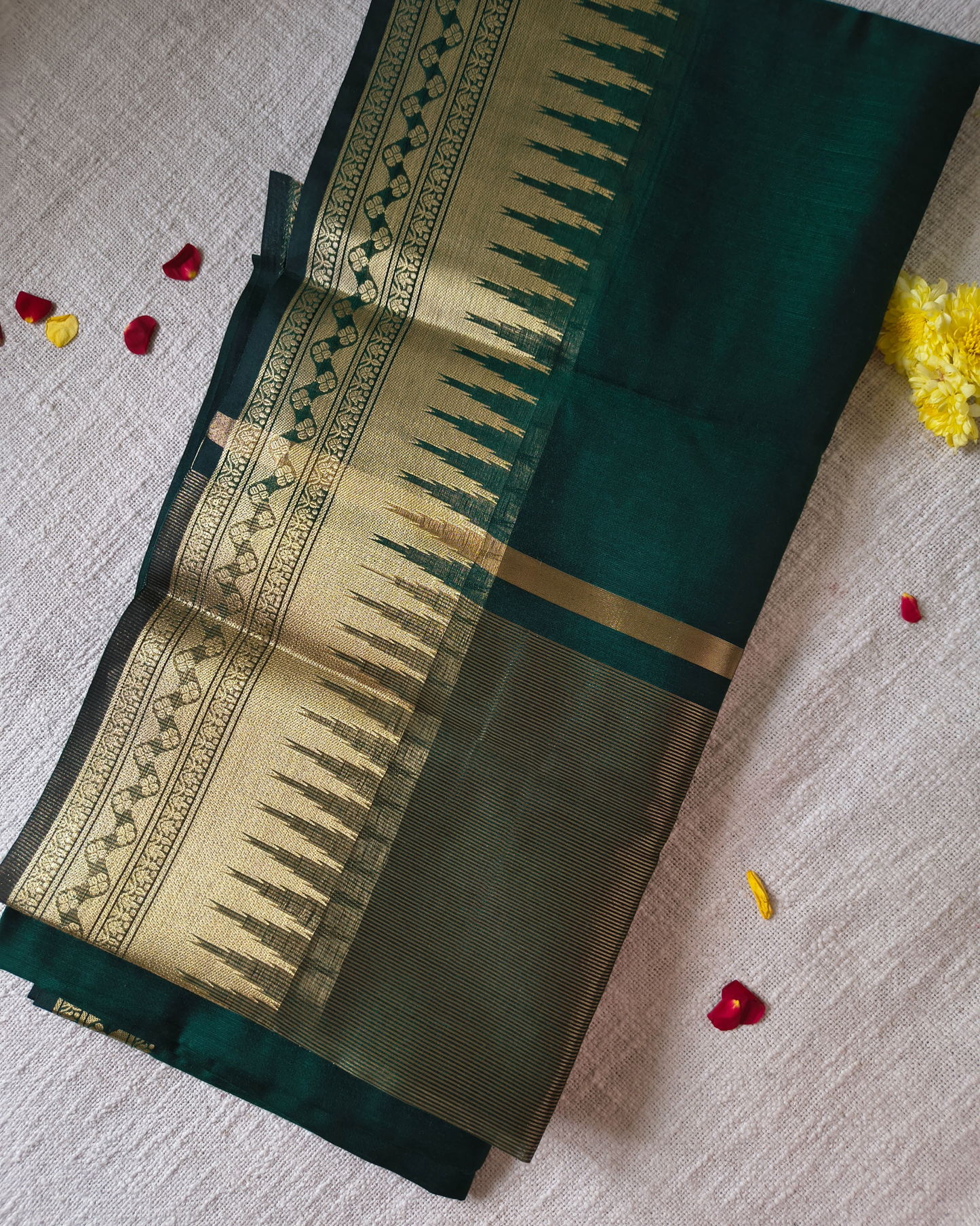 Maheshwari Silk Cotton Saree with Golden Temple Border – Bottle Green MammaHug