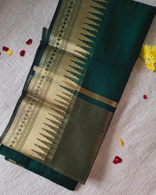 Maheshwari Silk Cotton Saree with Golden Temple Border – Bottle Green MammaHug