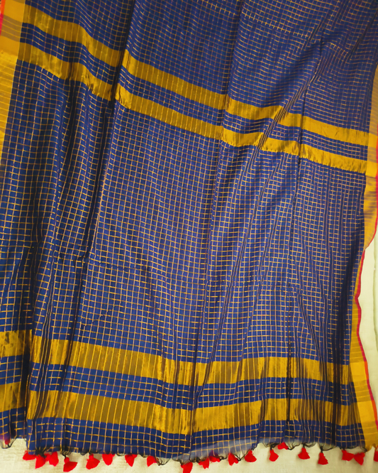 Mul Cottom Zari Checks Handloom Saree with contrast border - Navy Blue