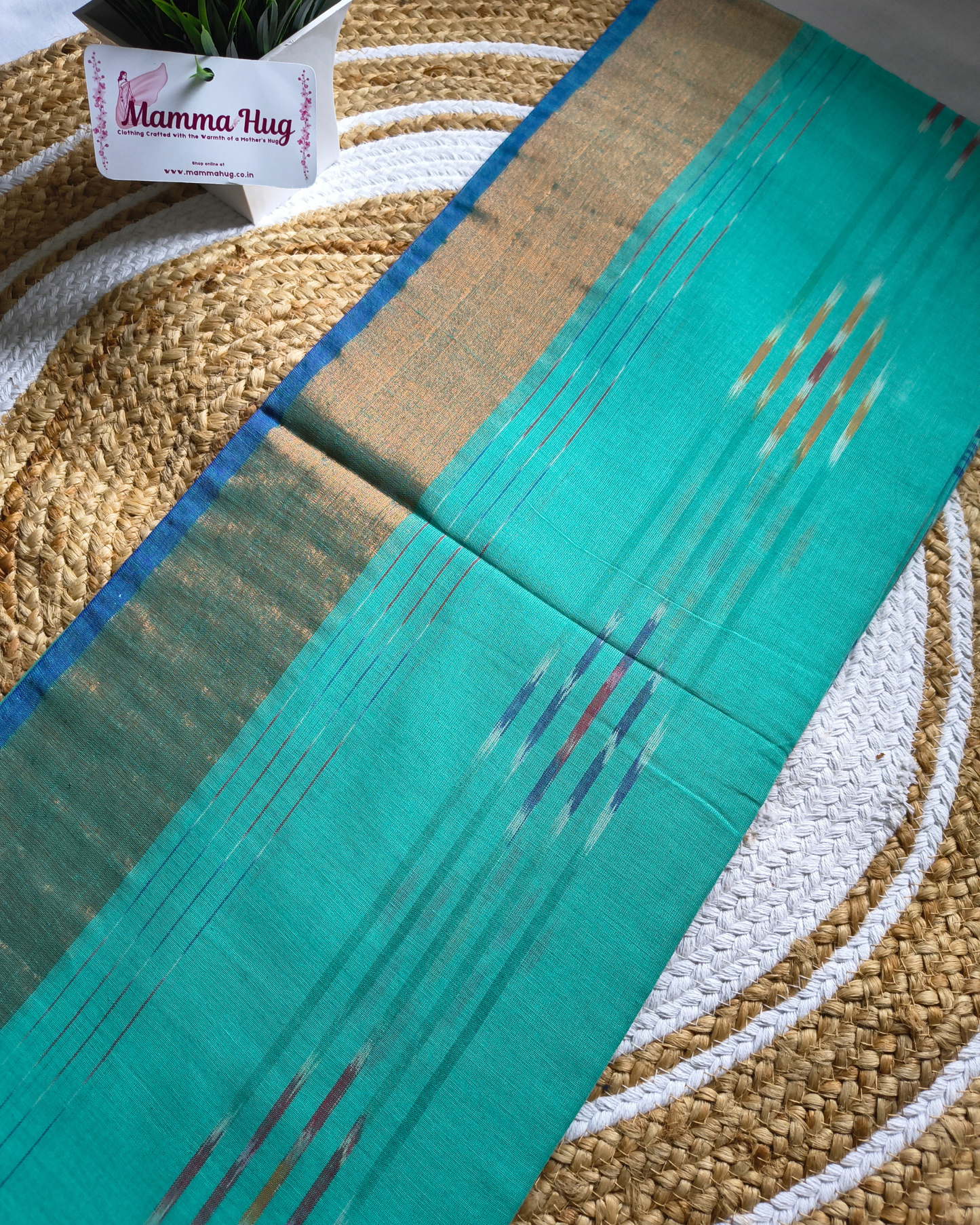 Pure Cotton Handloom Saree with Ikkat Design -Aqua Blue