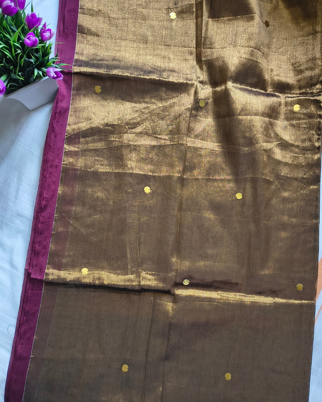 Pure Khadi Tissue Saree with Coin design - Golden Brown MammaHug