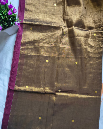Pure Khadi Tissue Saree with Coin design - Golden Brown MammaHug