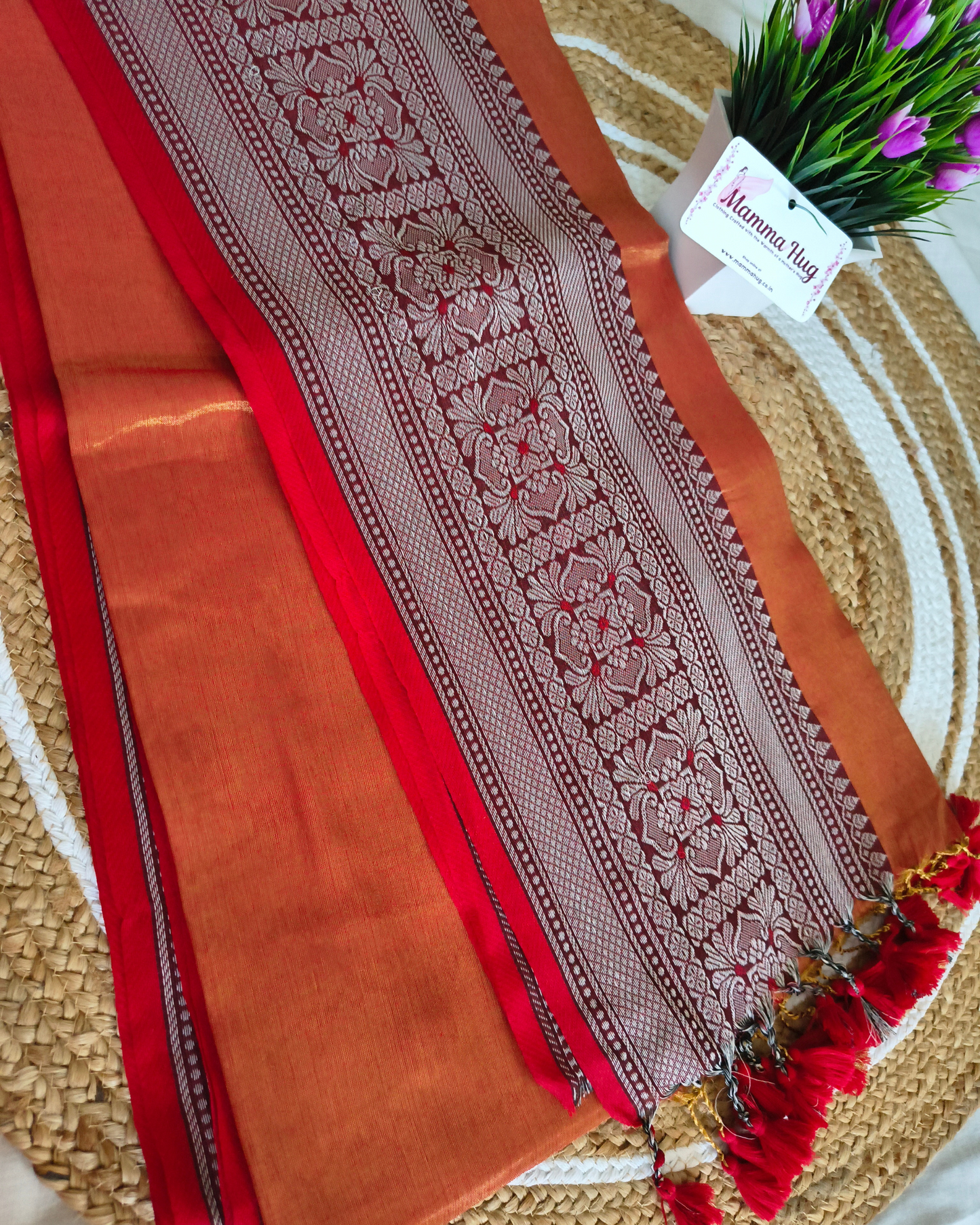 Khadi Tissue Handloom Saree with Thread Woven Border - Orange with Red