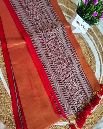 Khadi Tissue Handloom Saree with Thread Woven Border - Orange with Red