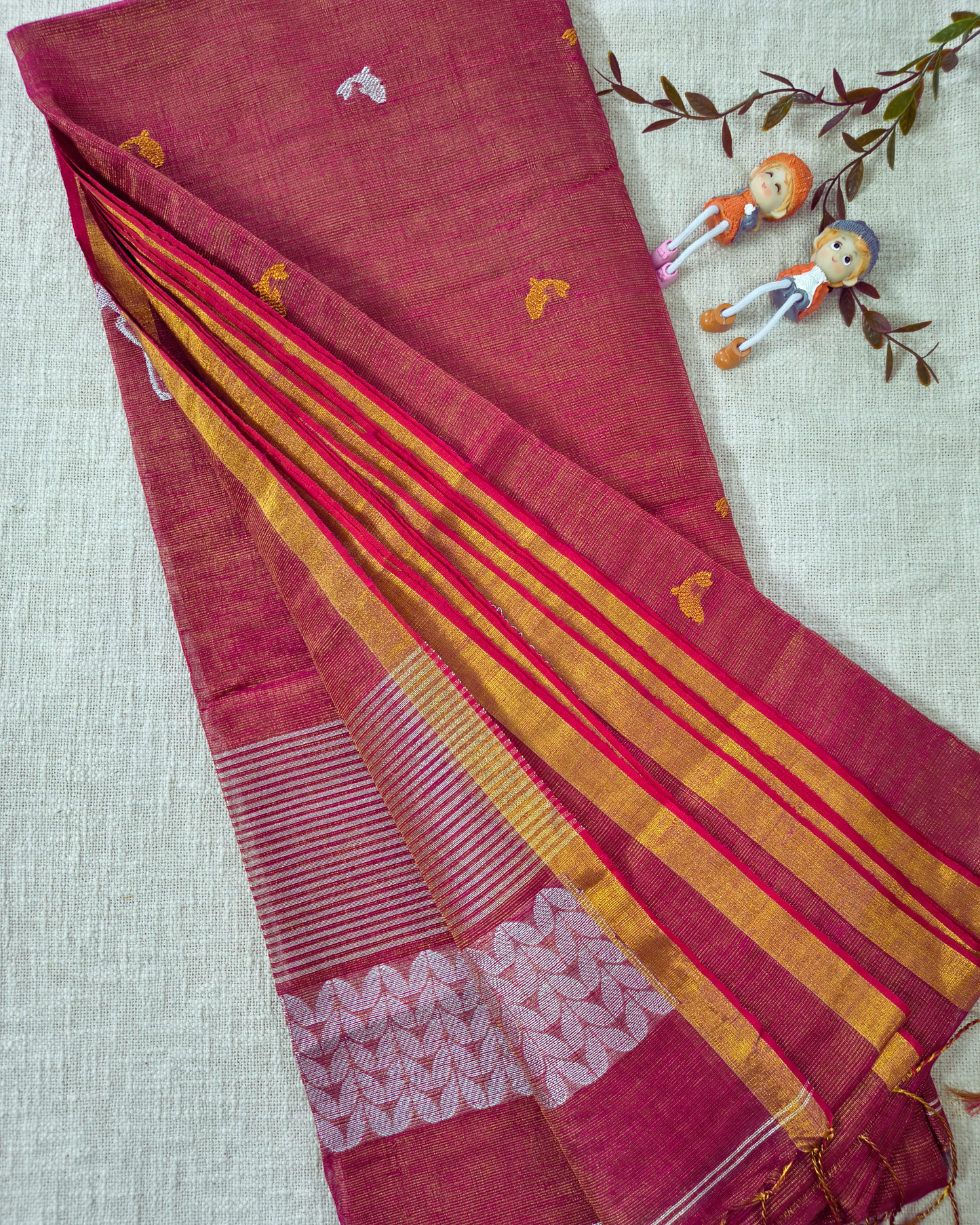 Handloom Tissue Linen with Jamdhani Weaving Buttas - Pink & Orange Dual Tone