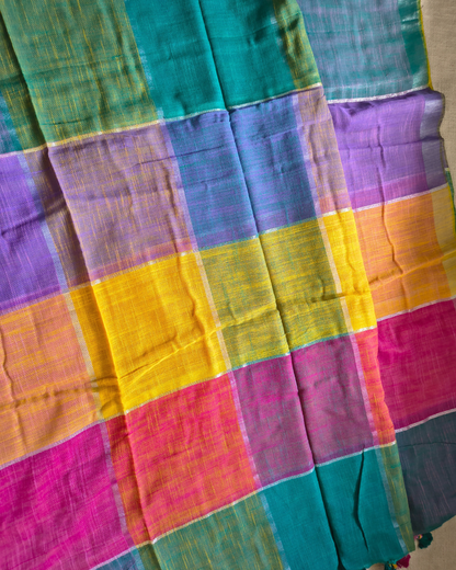 Pure Linen Cotton Handloom Saree Multicolor Checks - Green & Pink