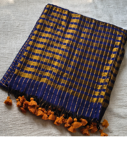 Mul Cotton Zari Checks Handloom Saree - Navy Blue MammaHug