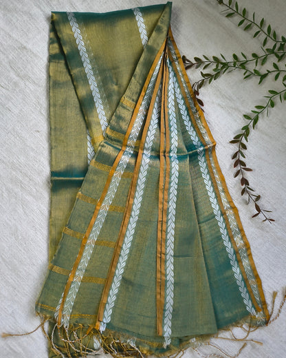 Soft Linen Tissue Saree with Golden Zari weaving - Antique Green